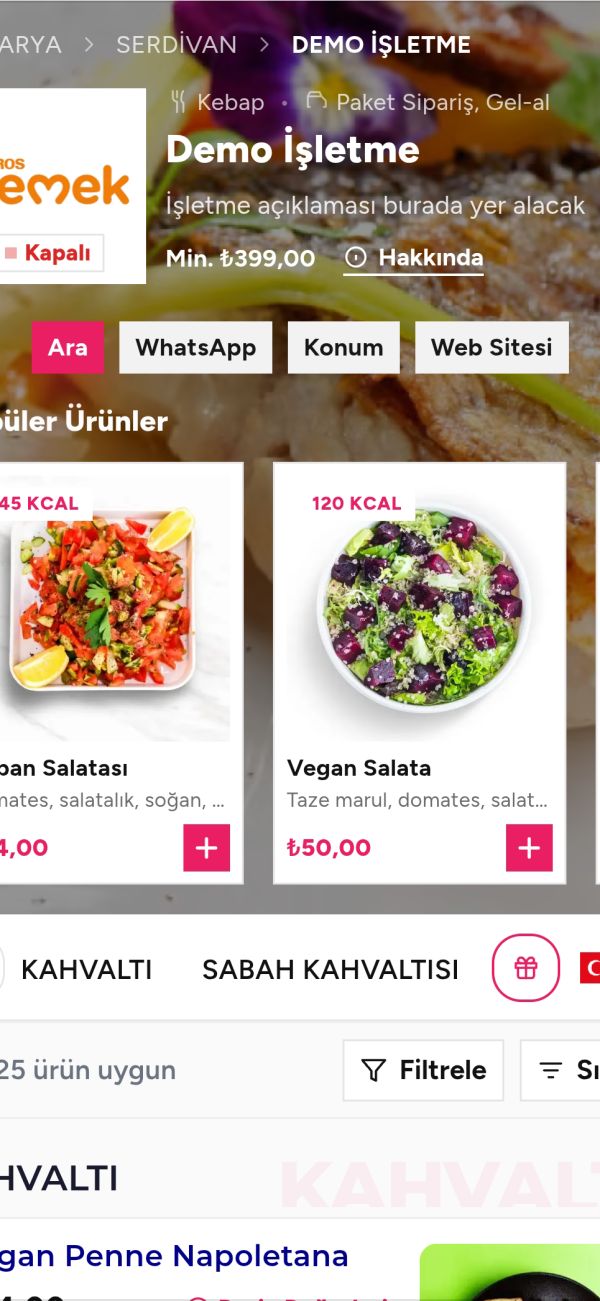 Kare Menü ile açılan bir restoranın QR menü ekranı